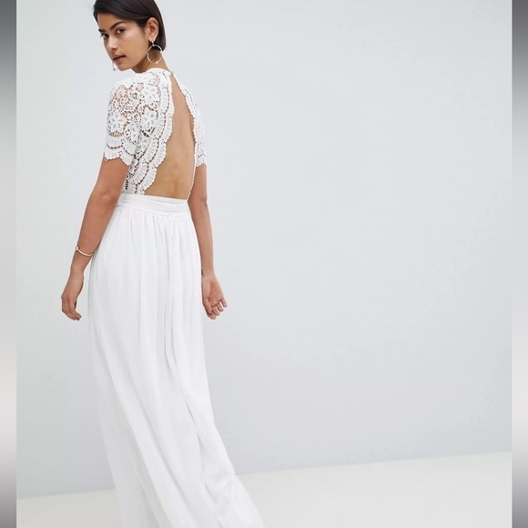 Club L London Maxi Dress Women Size 2 lace Crochet V Neck white Gown Asos b3 - Picture 2 of 14